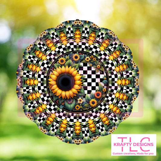 Sunflower Checkerboard 10” Wind Spinner – Bold Sublimated Metal Garden Decor