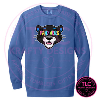 Maplewood Heights Panthers Sunglasses design on Comfort Colors Ring Spun crewneck sweatshirt in Flo Blue