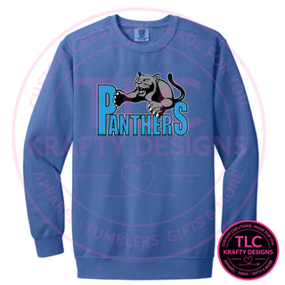 Maplewood Heights Panthers Leaping Panther design on Comfort Colors Ring Spun crewneck sweatshirt in Flo Blue
