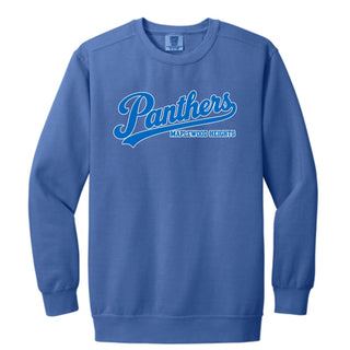 Maplewood Heights Panthers Script design on Comfort Colors Ring Spun crewneck sweatshirt in Flo Blue