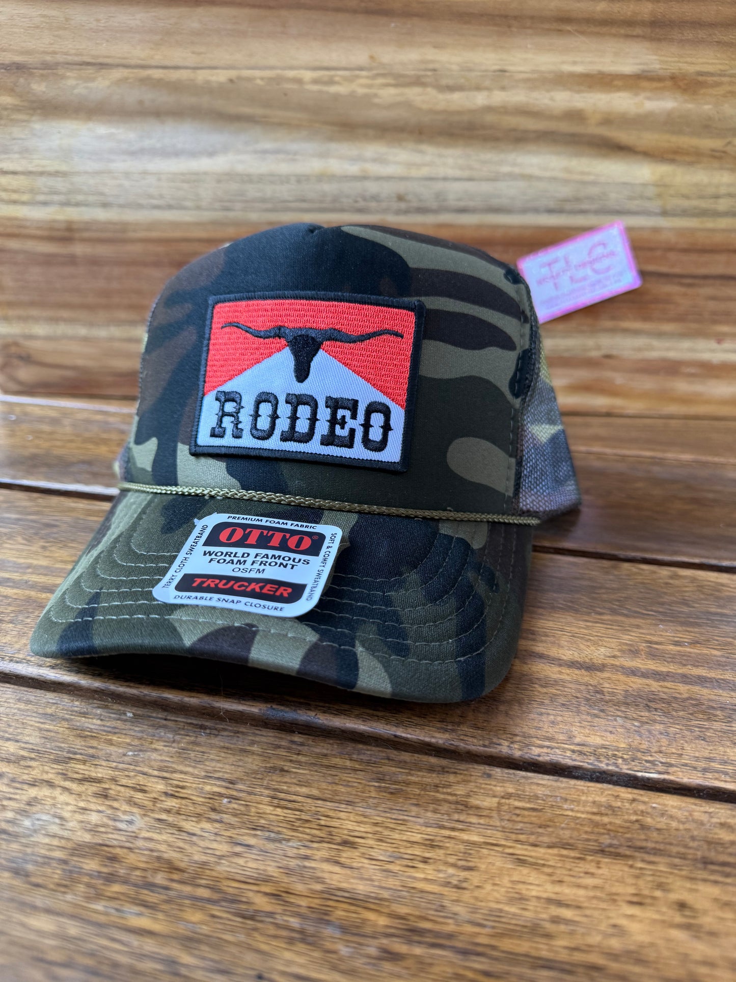 Camo Rodeo Trucker Hat – Bold Longhorn Patch with Sunset Accent