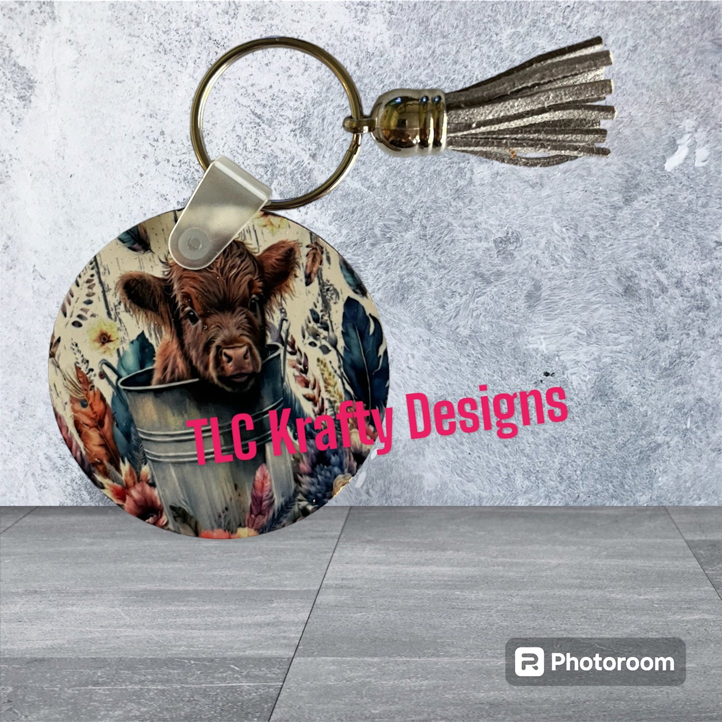 Highland Cow in a bucket Keychain with Tassel