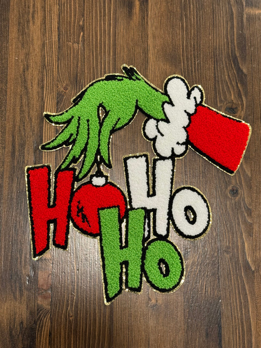 🎄 Ho Ho Ho Holiday Hand Patch – Chenille Extra Large Iron-On with Ornament Detail (Approx. 10”)