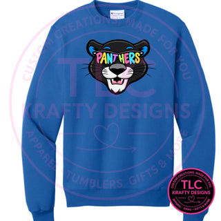 Maplewood Heights Panthers Sunglasses design on Gildan Heavy Blend crewneck sweatshirt in Royal Blue