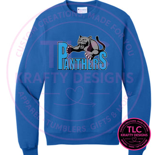 Maplewood Heights Panthers Leaping Panther design on Gildan Heavy Blend crewneck sweatshirt in Royal Blue