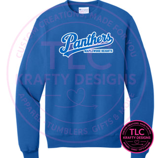 Maplewood Heights Panthers Script design on Gildan Heavy Blend crewneck sweatshirt in Royal Blue