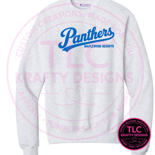 Maplewood Heights Panthers Script design on Gildan Heavy Blend crewneck sweatshirt in Sport Grey
