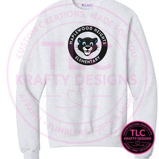 Maplewood Heights Panthers Badge design on Gildan Heavy Blend crewneck sweatshirt in Sport Grey