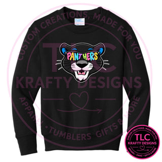 Maplewood Heights Panthers Sunglasses design on Port & Company Core Fleece crewneck sweatshirt in Jet Black
