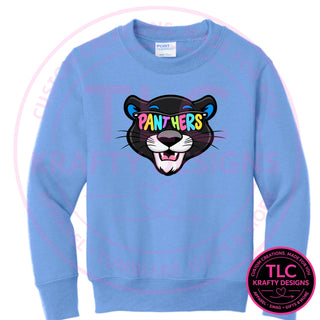 Maplewood Heights Panthers Sunglasses design on Port & Company Core Fleece crewneck sweatshirt in Carolina Blue