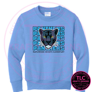 Maplewood Heights Panthers Stacked design on Port & Company Core Fleece crewneck sweatshirt in Carolina Blue