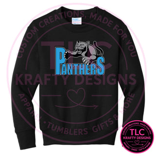 Maplewood Heights Panthers Leaping Panther design on Port & Company Core Fleece crewneck sweatshirt in Jet Black