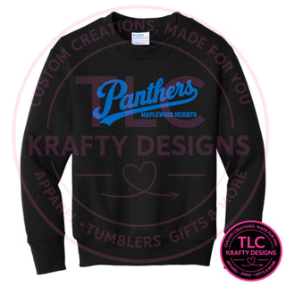 Maplewood Heights Panthers Script design on Port & Company Core Fleece crewneck sweatshirt in Jet Black