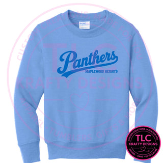 Maplewood Heights Panthers Script design on Port & Company Core Fleece crewneck sweatshirt in Carolina Blue