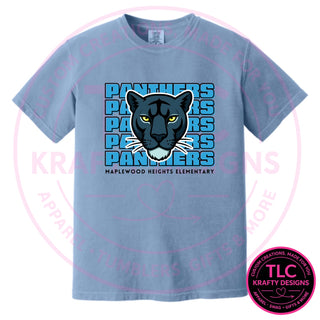 Maplewood Heights Panthers Stacked design on Comfort Colors heavyweight tee in Washed Denim