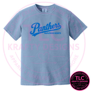 Maplewood Heights Panthers Script design on Comfort Colors heavyweight tee in Washed Denim