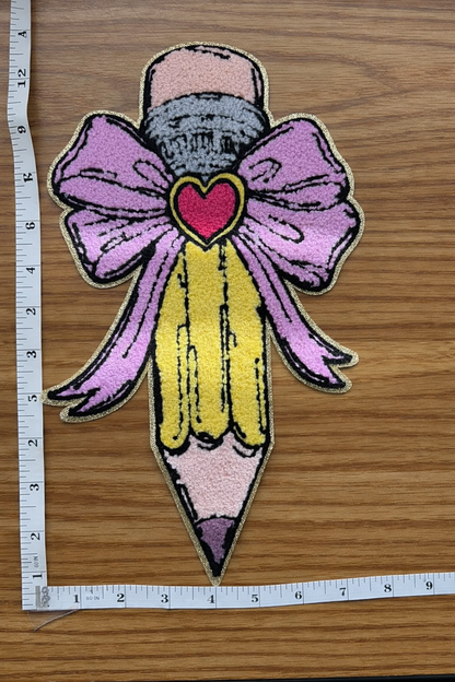 Pink Bow Pencil Chenille Patch Shirt or Sweatshirt – Teacher and School Apparel