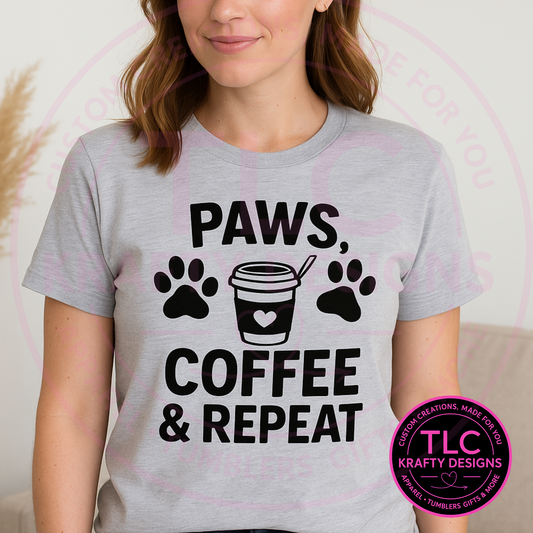 Paws, Coffee & Repeat Shirt – Funny Dog & Coffee Lover Tee, Unisex T-Shirt, Hoodie, or Sweatshirt