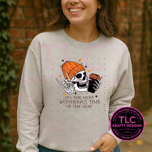 It’s the Most Wonderful Time of the Year Pumpkin Spice Skeleton Sweatshirt – Funny Fall Coffee Lover Unisex Hoodie or Crewneck