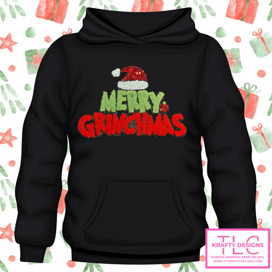 Merry Grinchmas Patch – Sequin & Chenille Iron-On (Approx. 10”)