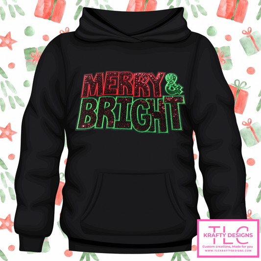 Merry & Bright Sweatshirt – Red & Green Sequin Patch on Hoodie or Crewneck