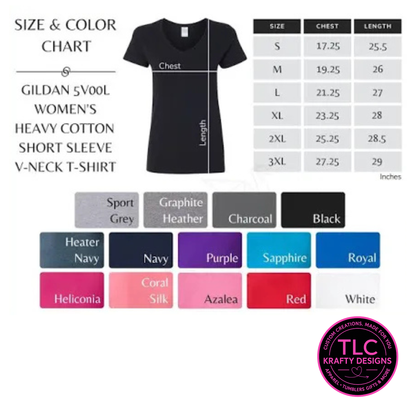 Size and color chart for Gildan 5V0L women's t-shirt with measurements and color options.