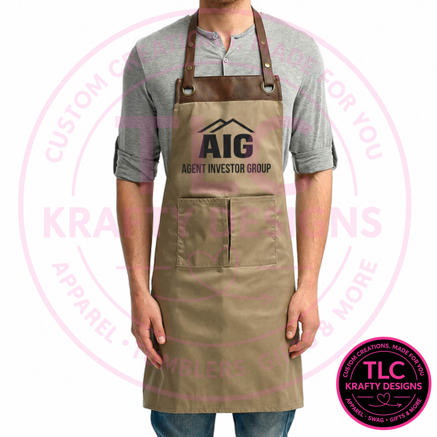Agent Investor Group Branded Apron – Custom Khaki & Brown Business Apron, One Size Fits Most