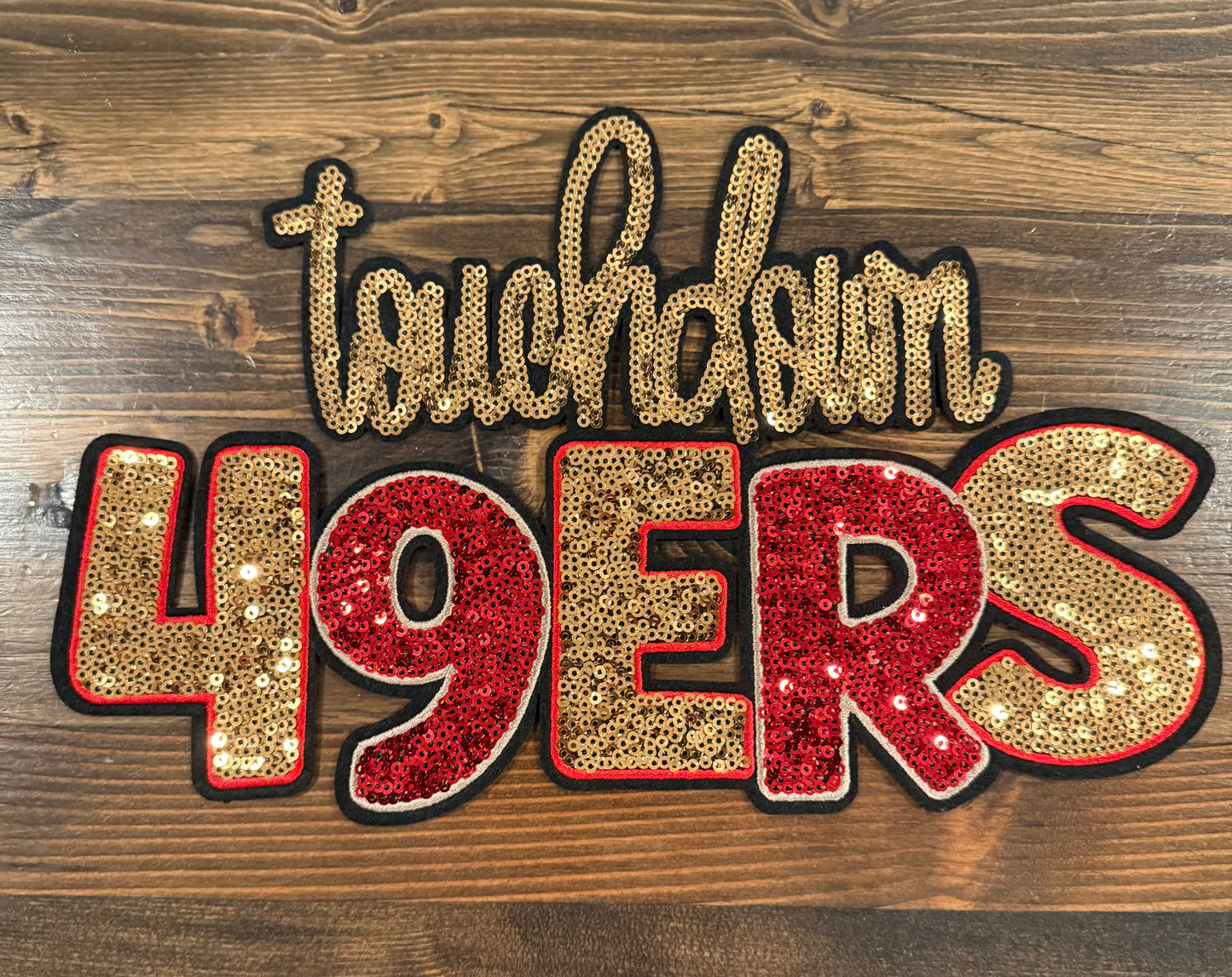 Touchdown Niners Chenille Patch – XL Sequin Football Patch | Game Day Statement Patch