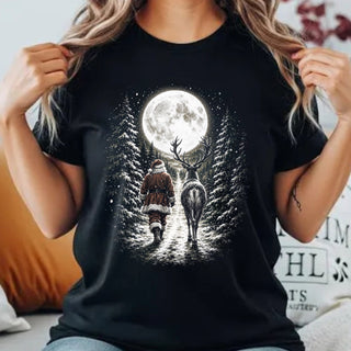 Santa and Reindeer Moonlight Walk design on a black t-shirt