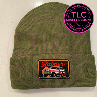 Rainier Retro Mini Patch Beanie – PNW Vintage Style Winter Hat (Multiple Colors)
