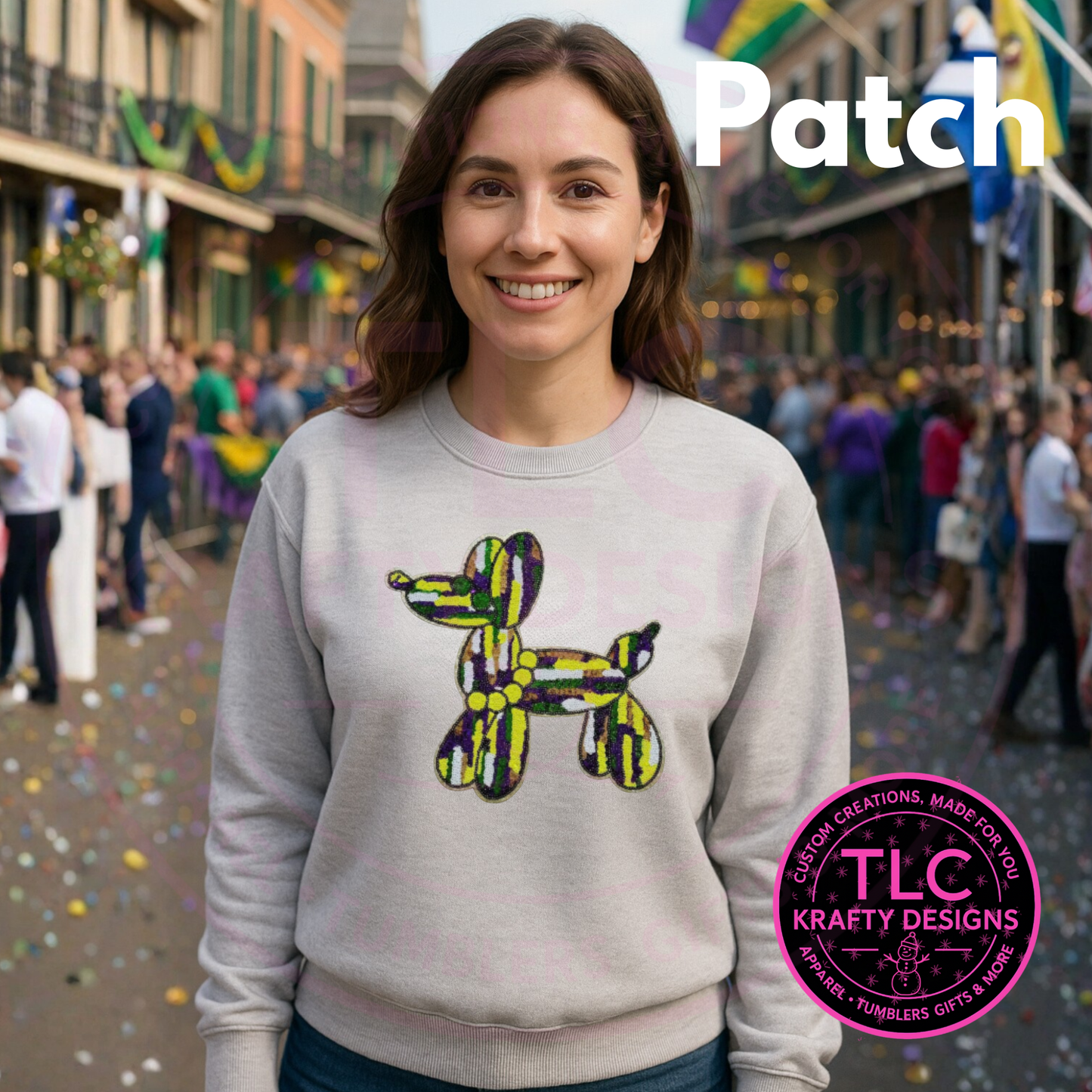Mardi Gras Balloon Dog Patch Sweatshirt – Festive Purple, Green & Gold Chenille Patch
