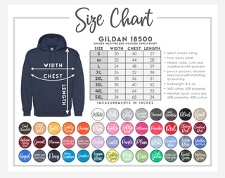 Size chart for Gildan 18500 hoodies with color swatches below.