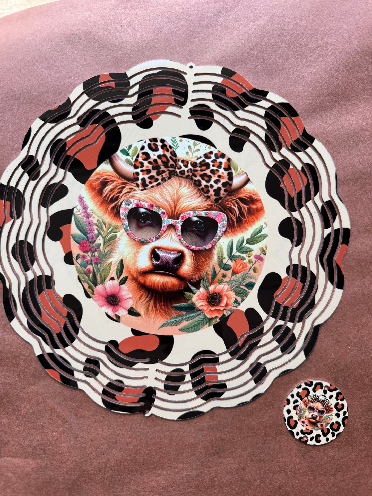 Highland Cow Wind Spinner, Cow Lover Garden Decor, Leopard Print Cow Spinner, Floral Highland Cow Gift, Farmhouse Yard Art, 10 Inch Double Wind Spinner