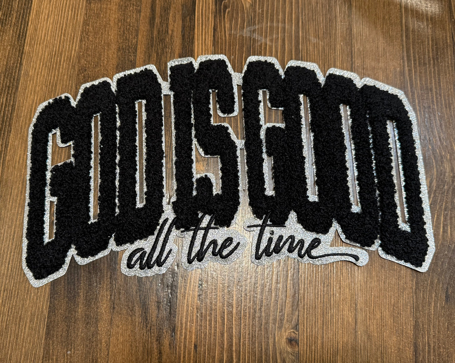 God is Good All the Time Extra Large Patch – White Chenille with Gold Glitter Outline Iron-On