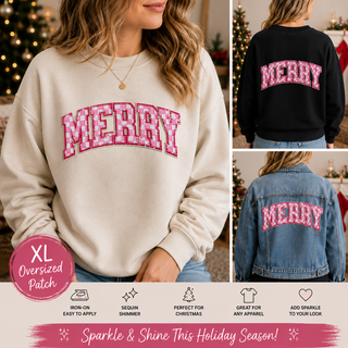 Merry Sequin Patch XL Iron-On Patch, Pink Checkered Christmas Patch, Holiday Sweatshirt Patch, Jacket Patch, DIY Christmas Apparel
