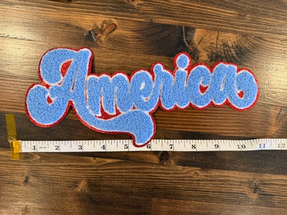 America Chenille XL Patch Iron On | Patriotic Letter Patch | Red White Blue Varsity Patch for Jackets Hats Bags
