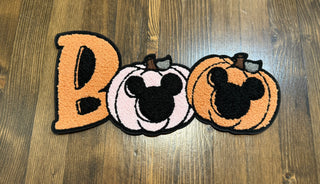BOO Halloween Sweatshirt – Chenille Patch Hoodie or Crewneck with Pumpkins and Mouse Ears