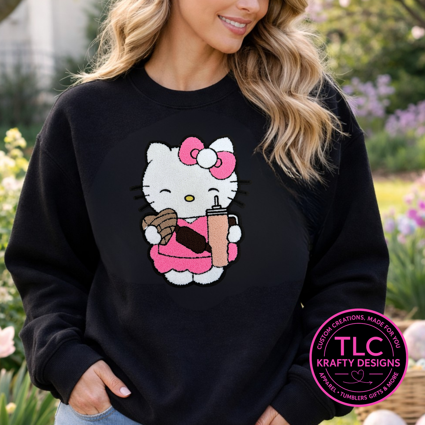 XL Coffee Cat Chenille Patch – Cute Coffee Lover Iron-On Patch for Sweatshirts & Jackets