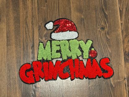 🎄 Merry Grinchmas Extra Large Patch – Sequin & Chenille Iron-On (Approx. 10”)