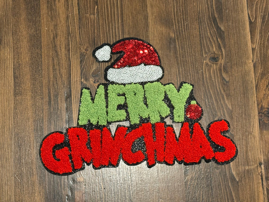 🎄 Merry Grinchmas Extra Large Patch – Sequin & Chenille Iron-On (Approx. 10”)
