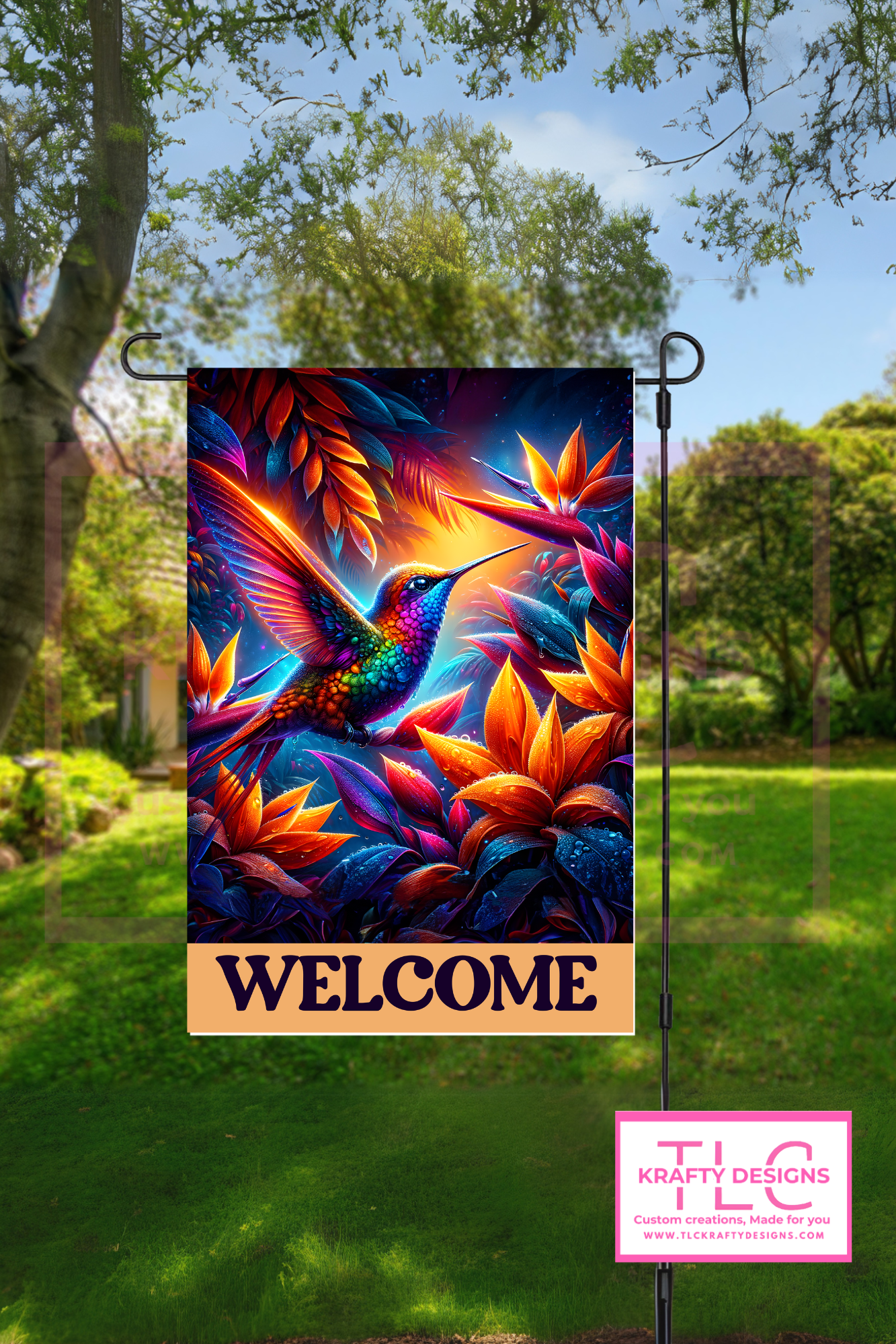 Welcome Hummingbird Garden Flag – Vibrant Tropical Colors for Summer Decor