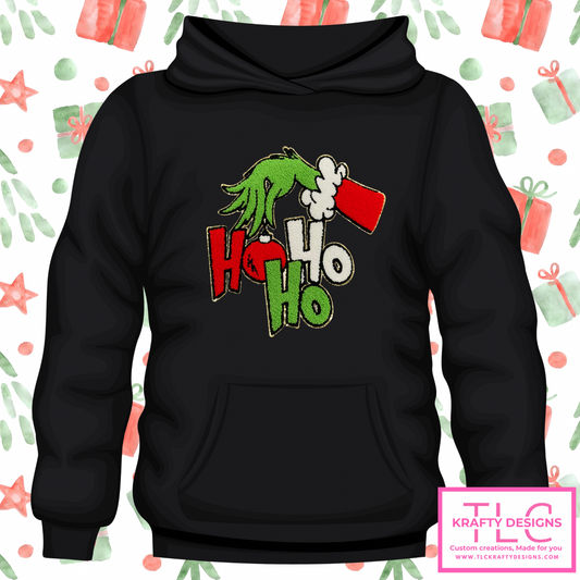 🎄 Ho Ho Ho Holiday Hoodie – Chenille Patch with Green Hand & Ornament (S–4XL)