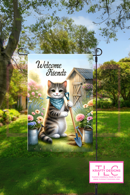 Welcome Friends Garden Flag – Gardening Cat with Bandana and Shovel Outdoor Banner