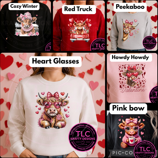 Highland Cow Valentine Sweatshirt – Multiple Cute Cow Designs Available