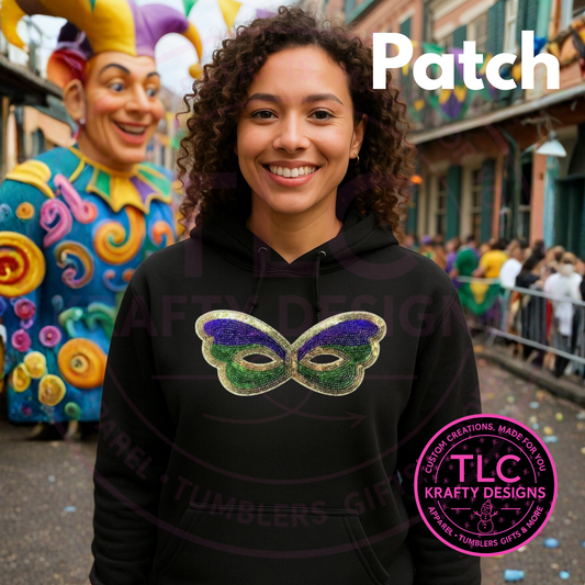 Mardi Gras Mask Patch shirt or Sweatshirt – Purple, Green & Gold Chenille Mask Patch
