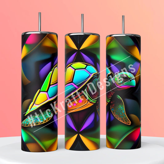 Stunning Sublimation 20oz. Skinny tumbler adorned with a stained-glass colored turtle