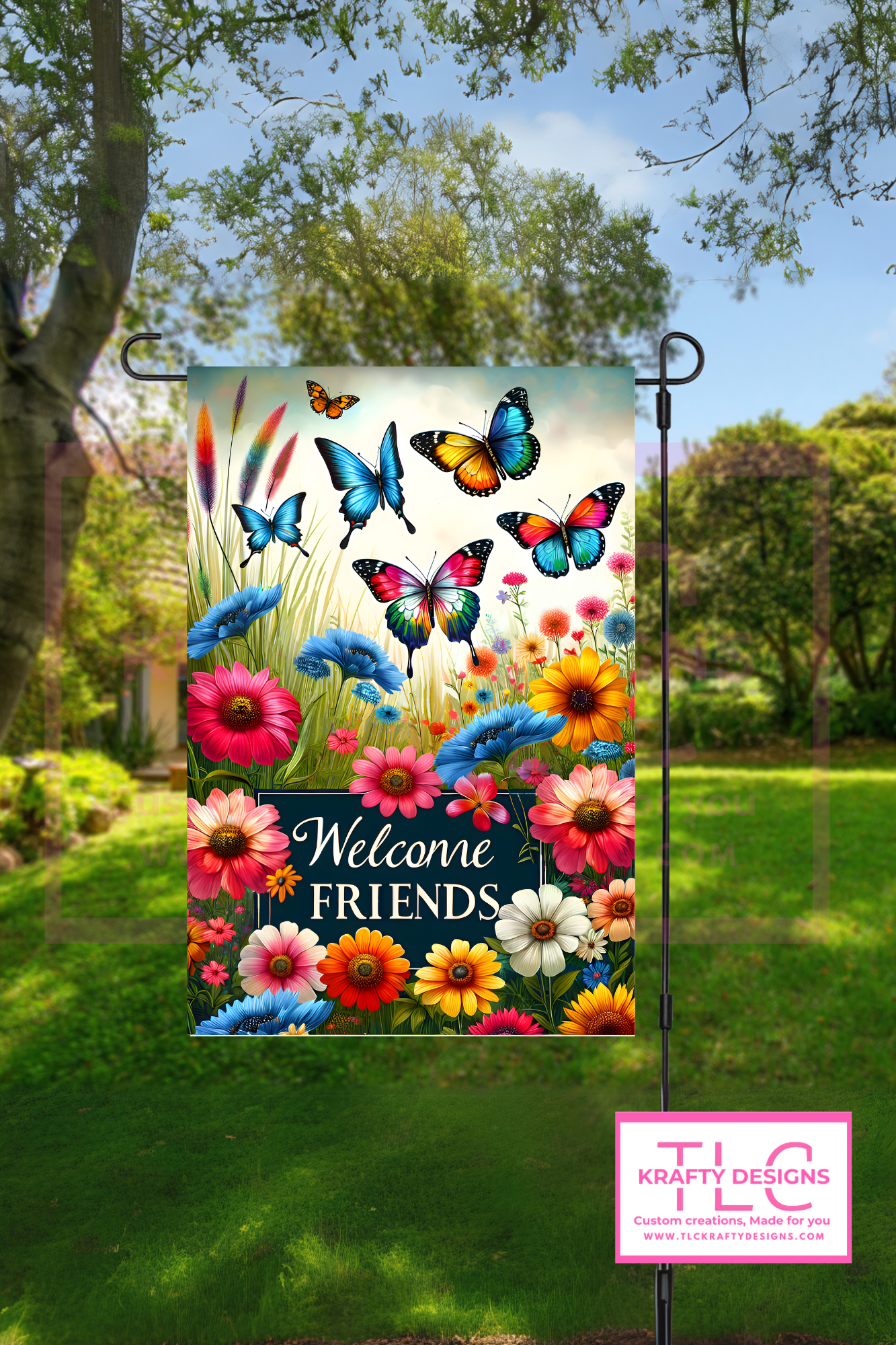 Welcome Friends Garden Flag – Colorful Butterflies and Wildflowers Outdoor Banner