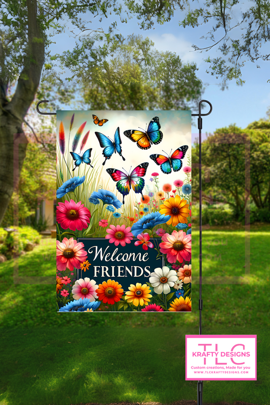Welcome Friends Garden Flag – Colorful Butterflies and Wildflowers Outdoor Banner