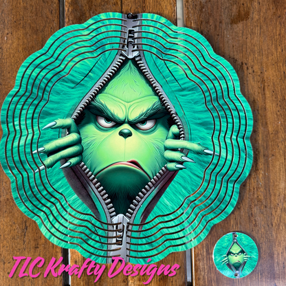 Classic Peeking Grinch 10” Wind Spinner – Festive Christmas Sublimated Metal Yard Décor CK