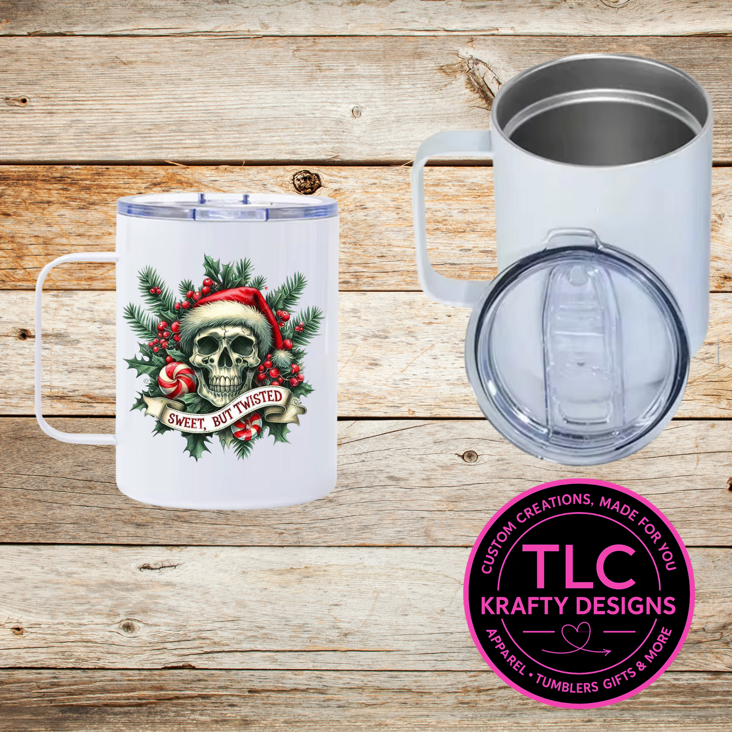 Sweet but Twisted Skull Christmas Mug – 12oz Travel Mug with Lid, Gothic Holiday Coffee Cup with Santa Hat
